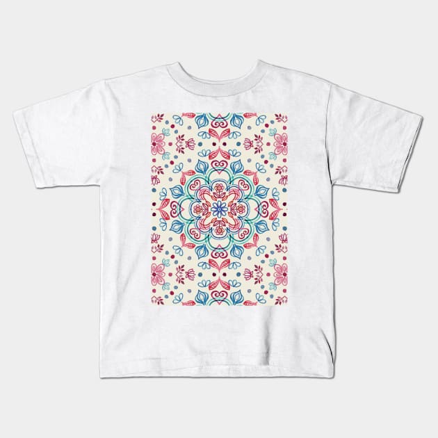 Pastel Blue, Pink & Red Watercolor Floral Pattern on Cream Kids T-Shirt by micklyn